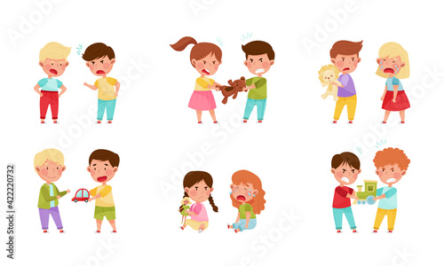 Hostile Kids with Angry Grimace Fighting Over Toys and Quarreling Vector Illustration Set