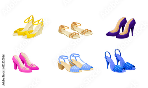 Womens Shoes with High Heels and Flat Sole Vector Set