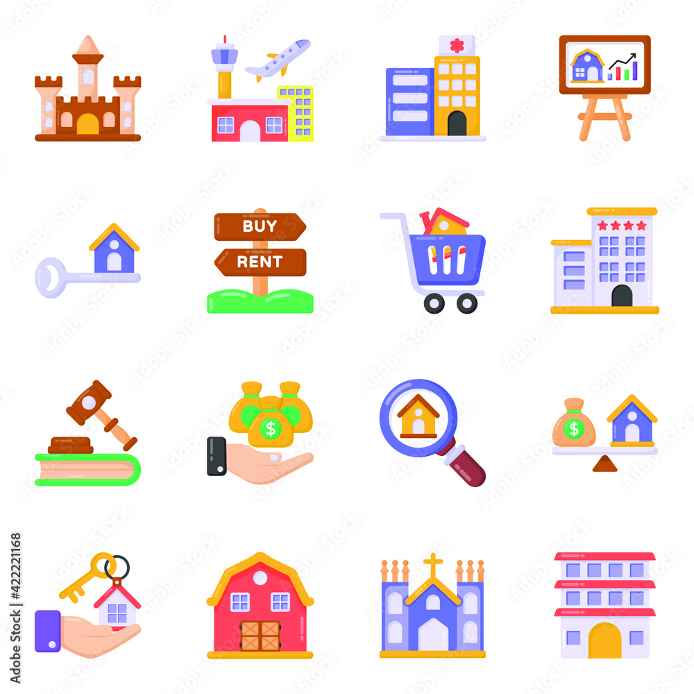 
Pack of Buildings and Equipment Flat Icons 

