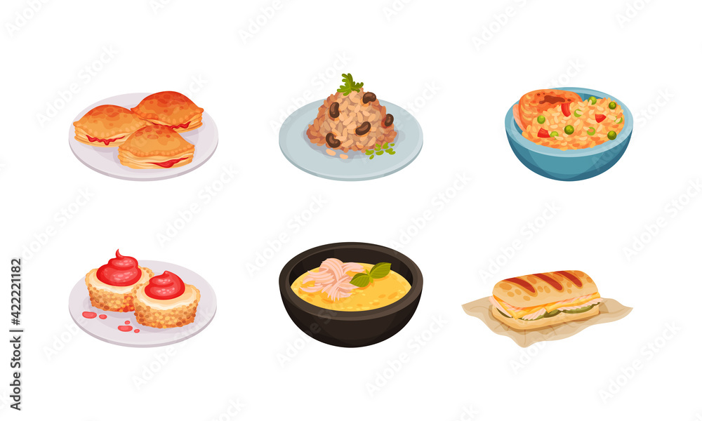 Cuban Food with Corn Soup and Sandwich with Pork Roast Vector Set Cuban Food with Corn Soup and Sandwich with Pork Roast Vector Set