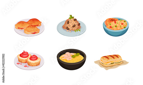 Cuban Food with Corn Soup and Sandwich with Pork Roast Vector Set