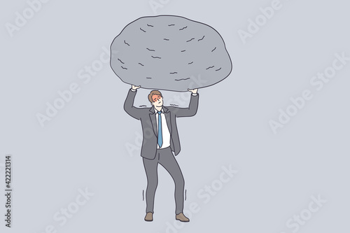Success, power, strength and stamina concept. Powerful businessman cartoon character in grey suit standing and holding huge stone above head feeling tired and exhausted vector illustration 