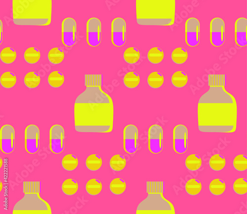 Spring seamless geometric pattern with the image of pills, medicines. Vector design for web banner, business presentation, brand package, fabric, print, wallpaper, postcard.