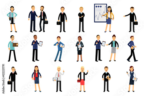 Businessmen Characters Wearing Black Formal Suits Carrying Folder and Suitcase Vector Illustration Set