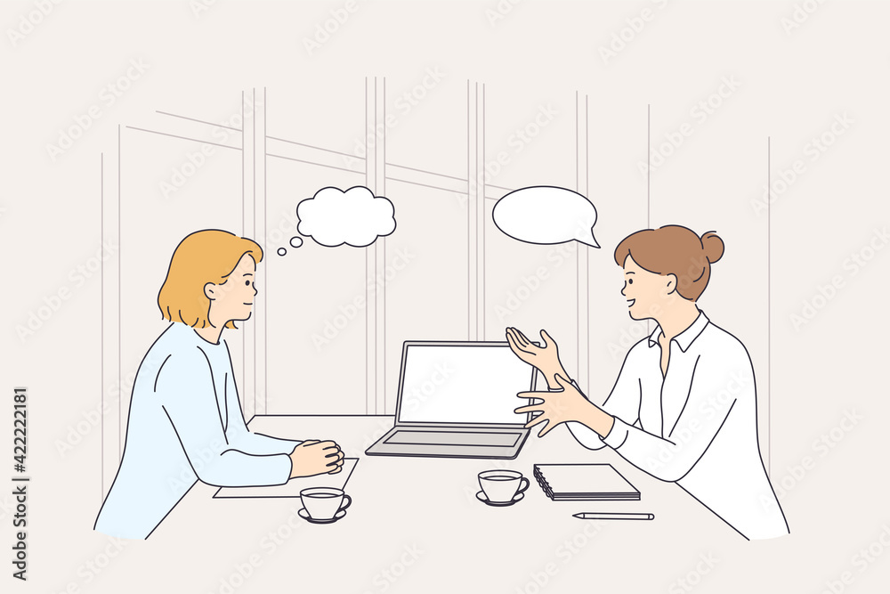 Business meeting, discussion, brainstorm concept. Two smiling businesswomen colleagues partners cartoon characters having meeting using laptop in office discussing strategy vector illustration Business meeting, discussion, brainstorm concept. Two smiling businesswomen colleagues partners cartoon characters having meeting using laptop in office discussing strategy vector illustration
