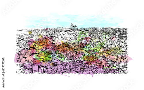 Building view with landmark of Marseille is the port city in southern France. Watercolour splash with hand drawn sketch illustration in vector.