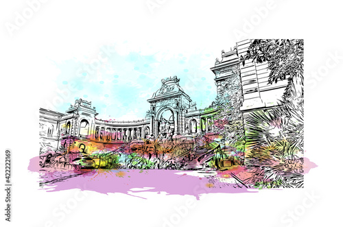 Building view with landmark of Marseille is the port city in southern France. Watercolour splash with hand drawn sketch illustration in vector.