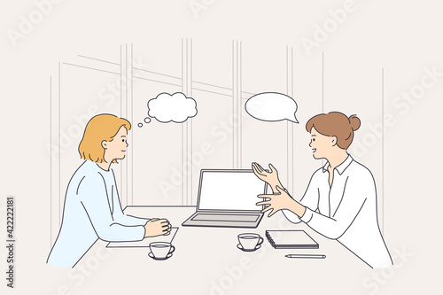Business meeting, discussion, brainstorm concept. Two smiling businesswomen colleagues partners cartoon characters having meeting using laptop in office discussing strategy vector illustration 