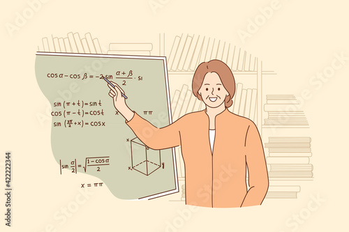 Teaching, education, learning process concept. Portrait of smiling mature professor teaching mathematics to students in library solving math problem writing on board vector illustration 