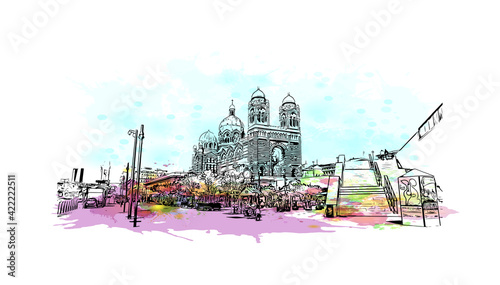 Building view with landmark of Marseille is the port city in southern France. Watercolour splash with hand drawn sketch illustration in vector.