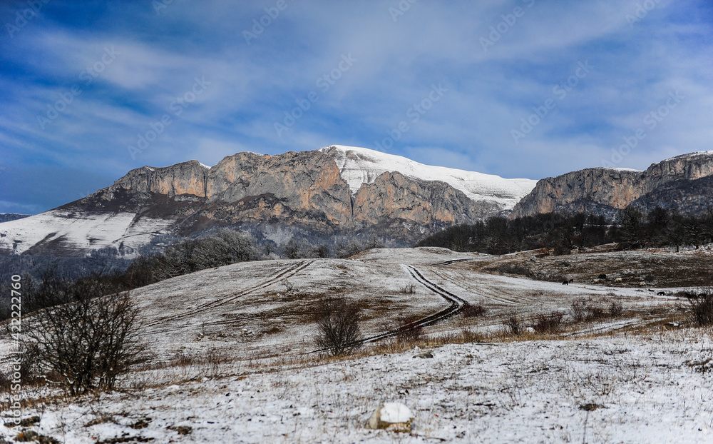 Scenic winter landscape view of the Sartsapat mountain in Tavush province of Armenia
