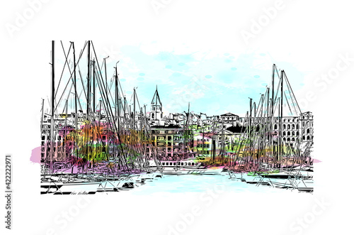Building view with landmark of Marseille is the port city in southern France. Watercolour splash with hand drawn sketch illustration in vector.
