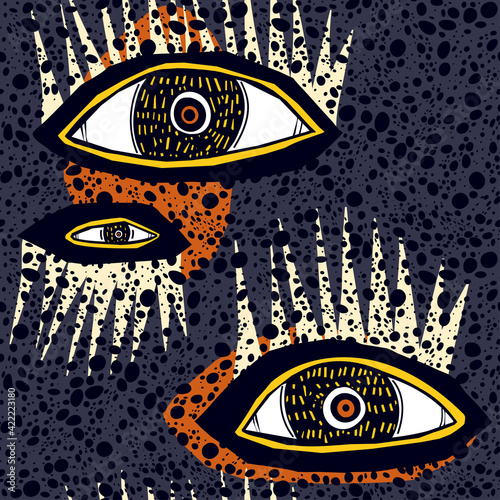 Seamless doodle splatter stain contemporary pattern in rythmic style, with many eyes retro minimalism background.