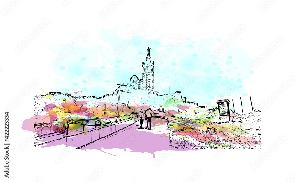 Building view with landmark of Marseille is the port city in southern France. Watercolour splash with hand drawn sketch illustration in vector.