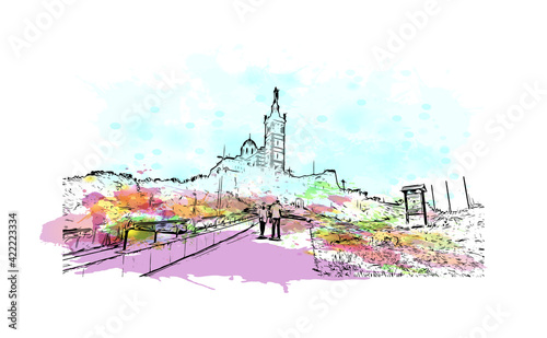 Obraz na płótnie Building view with landmark of Marseille is the port city in southern France. Watercolour splash with hand drawn sketch illustration in vector. w salonie