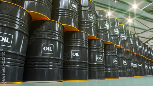 Canvas Print Black barrels with oil on factory storage. 3D