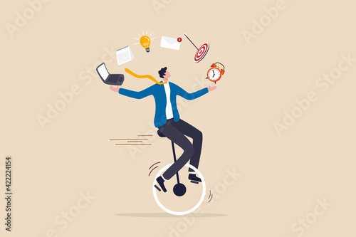 Productive master, productivity and project management skill, multitasking work and time management concept, skillful businessman riding unicycle juggling elements, laptop, calendar, ideas and emails. photo