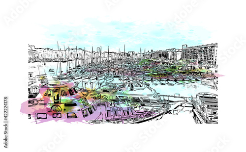 Building view with landmark of Marseille is the port city in southern France. Watercolour splash with hand drawn sketch illustration in vector.