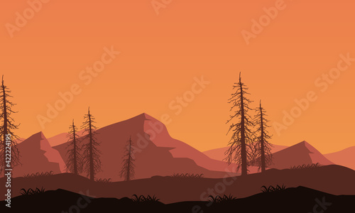 Nice view of the mountains from the edge of the city at dusk in the evening. Vector illustration