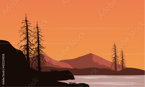 Stunning Mountain views from the riverbank at dusk in the evening. Vector illustration
