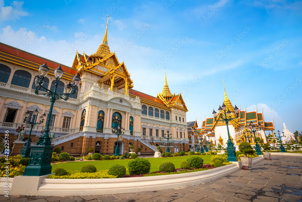 The Grand Palace of Thailand in bangkok, built in 1782, made up of numerous buildings, halls, pavilions set around open lawns, gardens and courtyards