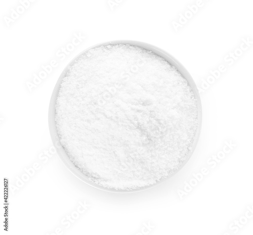 Bowl of salt on white background