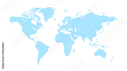 World map on white background. World map template with continents, North and South America, Europe and Asia, Africa and Australia 