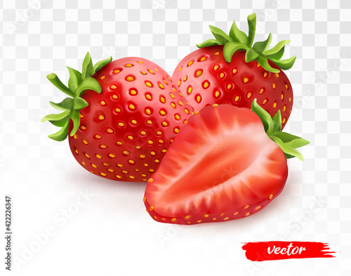 Two whole strawberries and half of strawberry on transparent white background. 3d realistic vector illustration of strawberry.