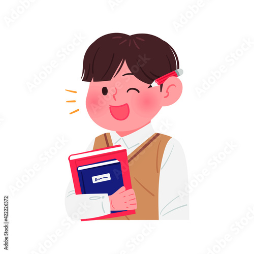 A male student holding a book and winking. A vector illustration of an Asian male student character wearing a school uniform.