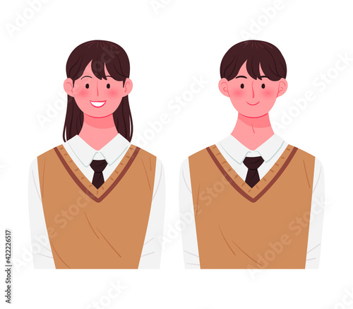 Korean student character vector illustration. Male and female students are wearing school uniforms.