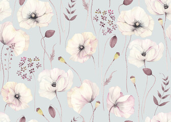 Wandcirkels Bloemen patronen Klaprozen aquarel turquoise vintage stijl  © Nikole