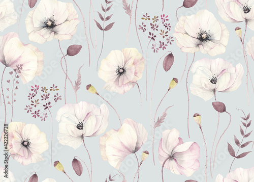 Floral seamless pattern with delicate poppies and abstract plants on grey-turquoise background. Watercolor illustration in vintage style, tender flowers poppy for wallpapers, textile or garden print.
