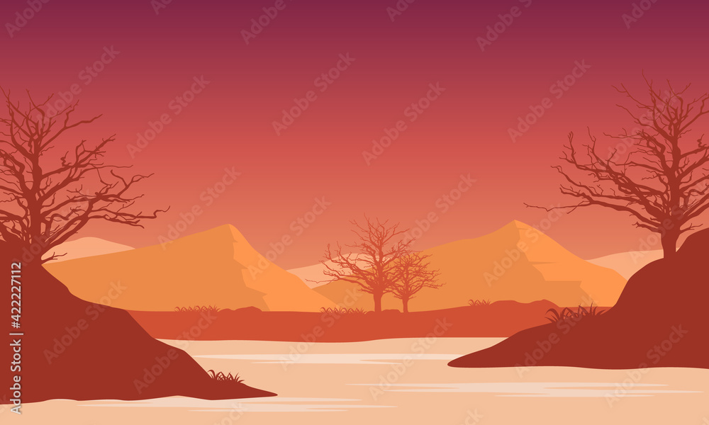 Relaxing afternoon atmosphere with Great Mountain views from the riverbank at sunset. Vector illustration