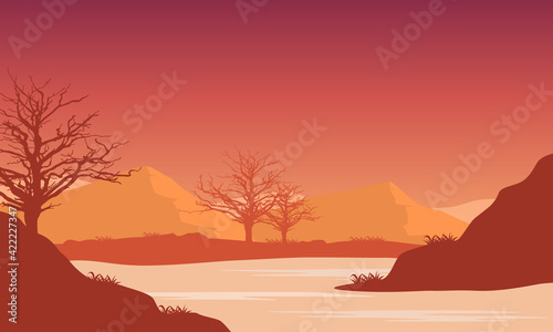 Sunny afternoons from the riverbank with a background of great mountain views at dusk. Vector illustration