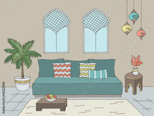 Living room graphic color Arabic home interior sketch illustration vector 
