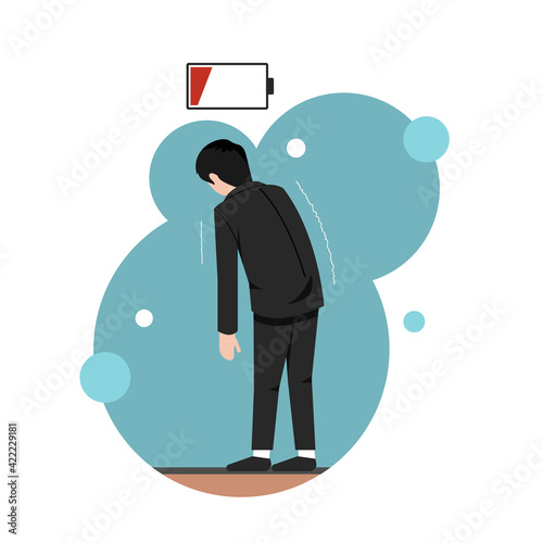Tired businessman with low battery symbol vector illustration.