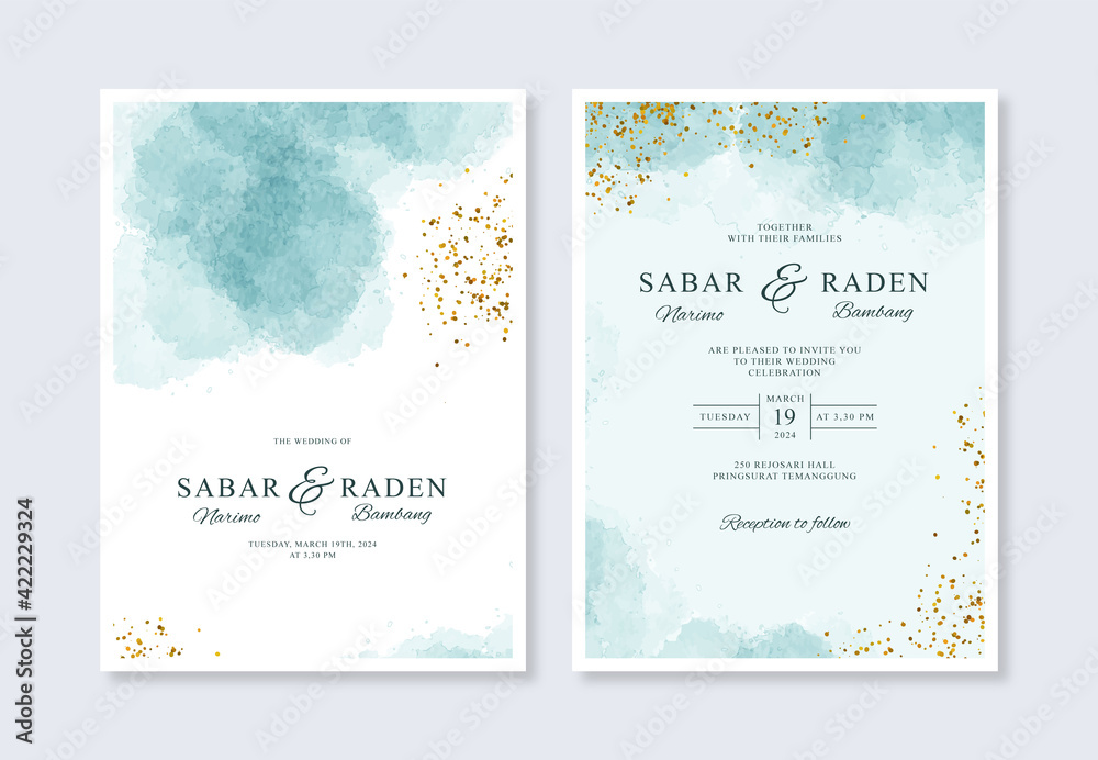 Minimalist wedding invitation template with watercolor splash and glitter