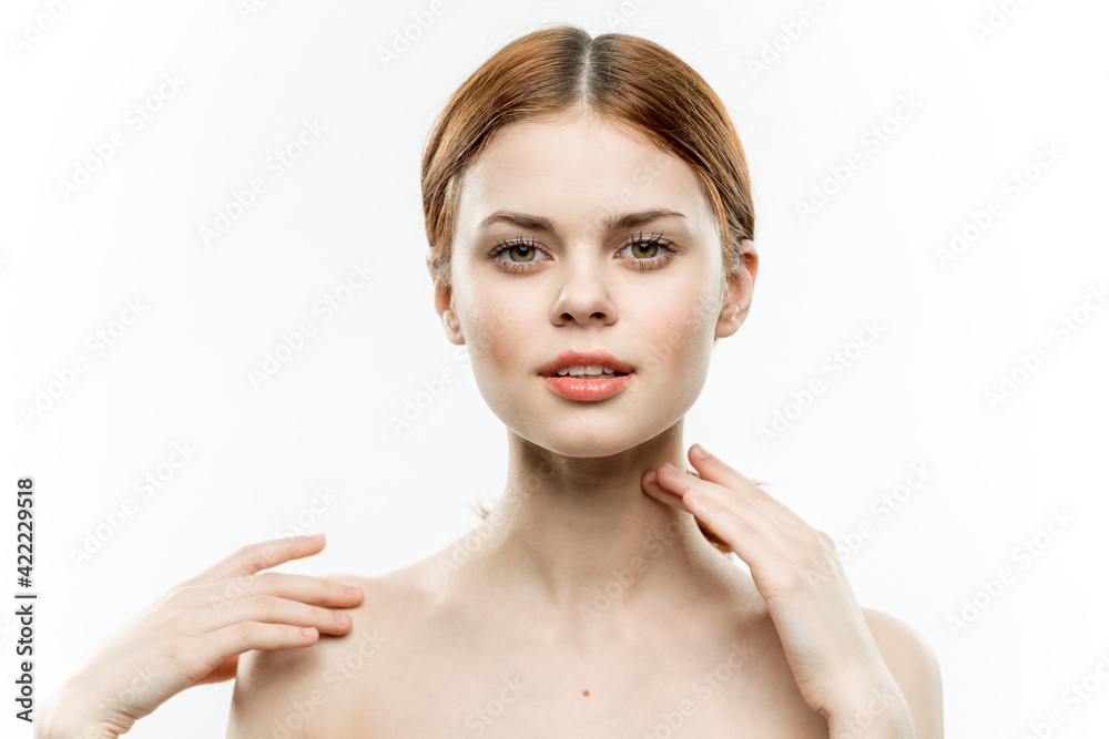 woman holding glamor face attractive look naked shoulders closed eyes woman holding glamor face attractive look naked shoulders closed eyes