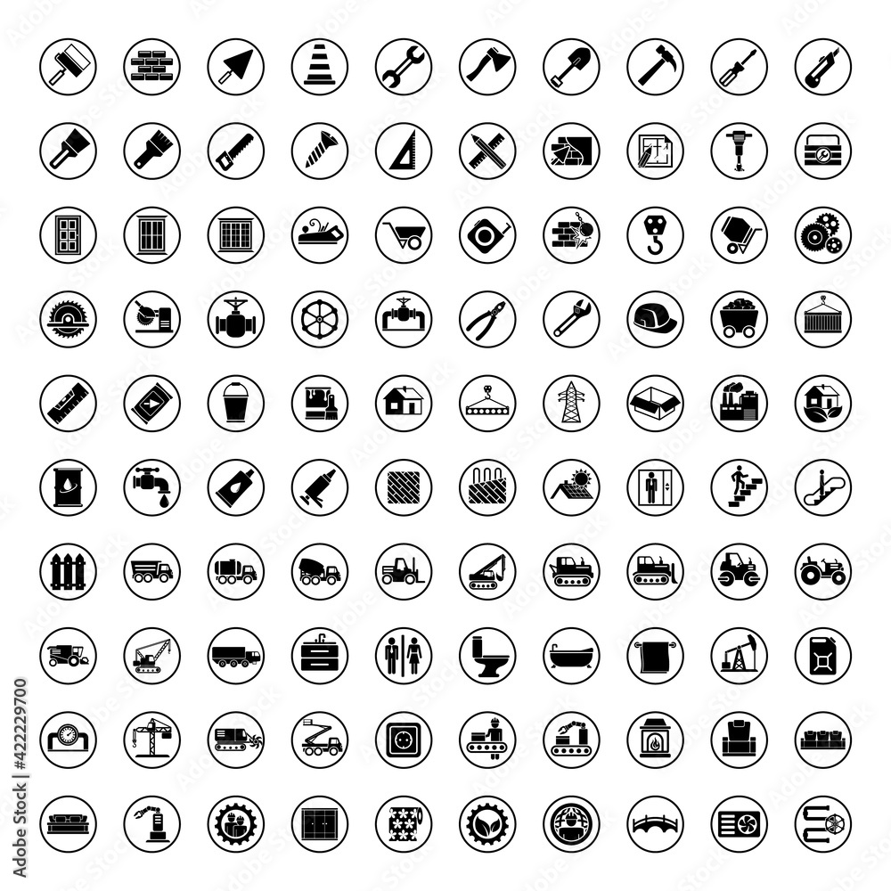100 vector black industry icons set vector construction industrial sign. 100 vector black industry icons set vector construction industrial sign.