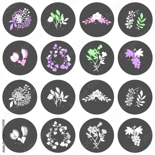Set with isolated colorful and black and white Flowers in round icons. Gray background. Vector illustration. Web, telephone messengers social media design. Botanical, florists, nature.