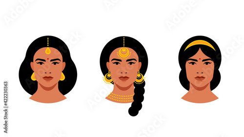 indian woman set - Portrait of indian women with different make-up, hairstyle, hairpins. Close-up female face. Concept of indian culture, traditional garment. Vector modern set of avatar, icons.