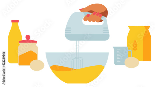Baking dough preparation - the hand whips the mass with mixer.Kitchenware - cups, bowls, rolling pin, scales, jar, mixer and others. Set of products for baking - flour, milk, eggs, dough.