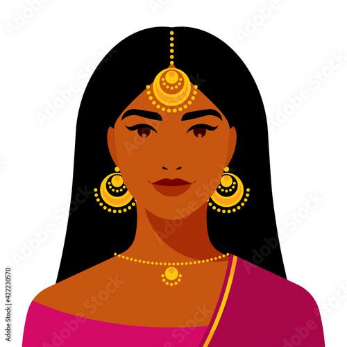 Beautiful woman - Indian woman with long hair, gold earrings, bindi. Ethnic girl, Indian culture. Portrait with head, shoulders, avatar. Concept of femininity, beauty, women's rights, self-confidence