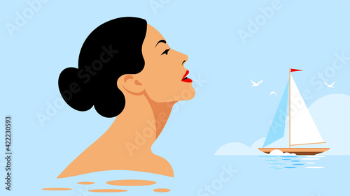 Close-up beautiful woman face against the background of the sea, sailing yacht, white birds. Concept of swimming, sea recreation, coast, tanning, vacation. Modern vector illustration.