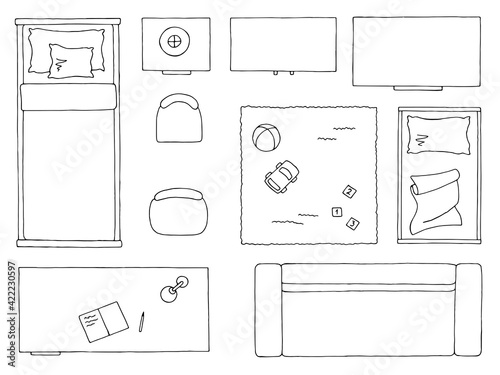 Furniture set floor plan architect design children room element graphic black white top sketch aerial view isolated illustration vector