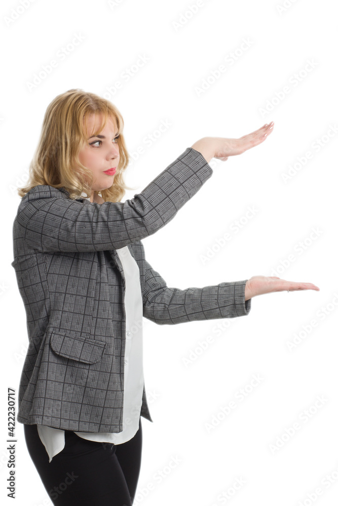 businesswoman in gray suit and a white blouse, Isolate on a white background. businesswoman in gray suit and a white blouse, Isolate on a white background.