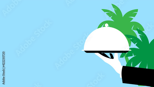 Waiter with tray - close-up waiter hand with tray and metal cloche lid cover. Palm leaf on blue background. Concept of leisure, resort, hotel, service, catering. Vector modern illustration. 
