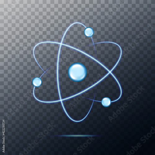 Atom icon. Neon light atomic neutron. Atom blue color. Nuclear atom. 3d cell nucleus. Molecule fusion. Orbit spin. Proton core symbol. Ion element. Science physics. Energy core. Vector illustration