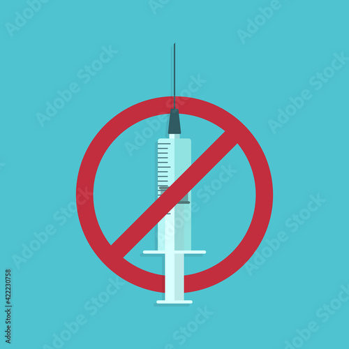 Anti-vaccination. Ban vaccination, prohibition injection by syringe icon sign symbol