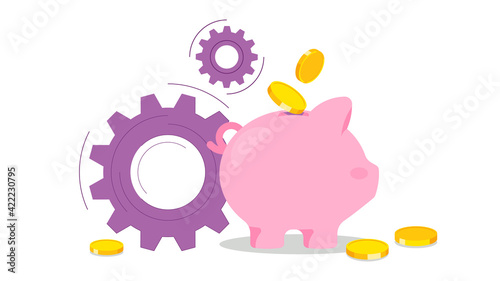 Piggy bank. Falling golden dollars and abstract gears. The concept of investment, savings, and banking. Moneybox with money. Vector illustration on white background.